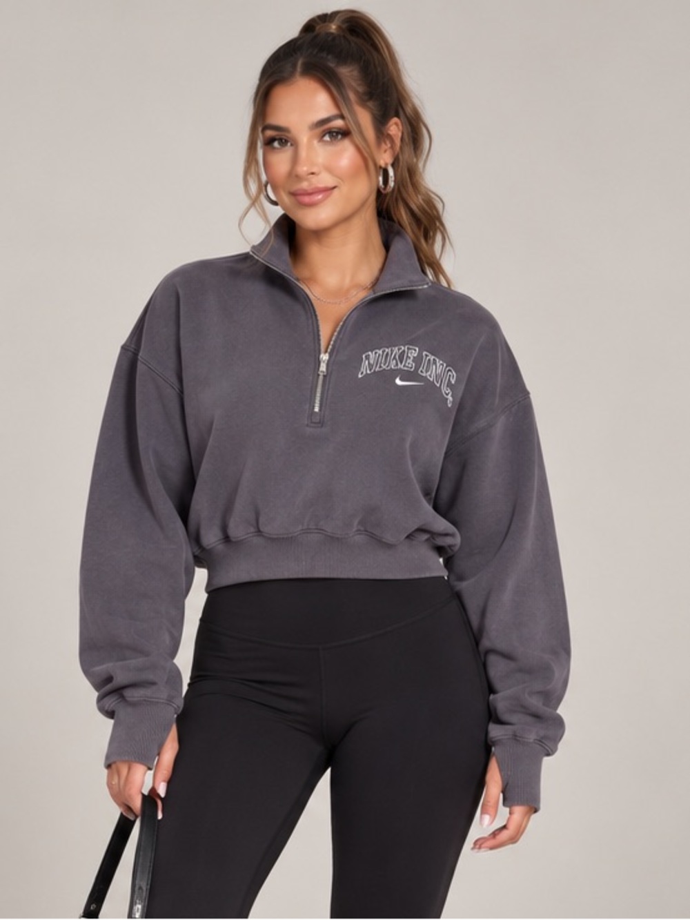 Nike Phoenix Fleece Graphic Half Zip Cropped Sweatshirt Gray Medium